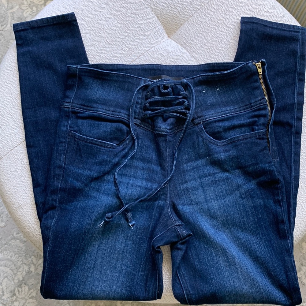 Express Lace-Up Front Skinny Jeans in Dark Blue